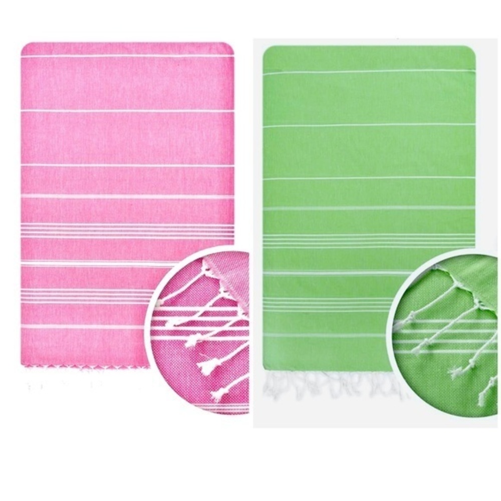 2 Turkish Towels Pink and Green Fringed and Striped with White It#KC1